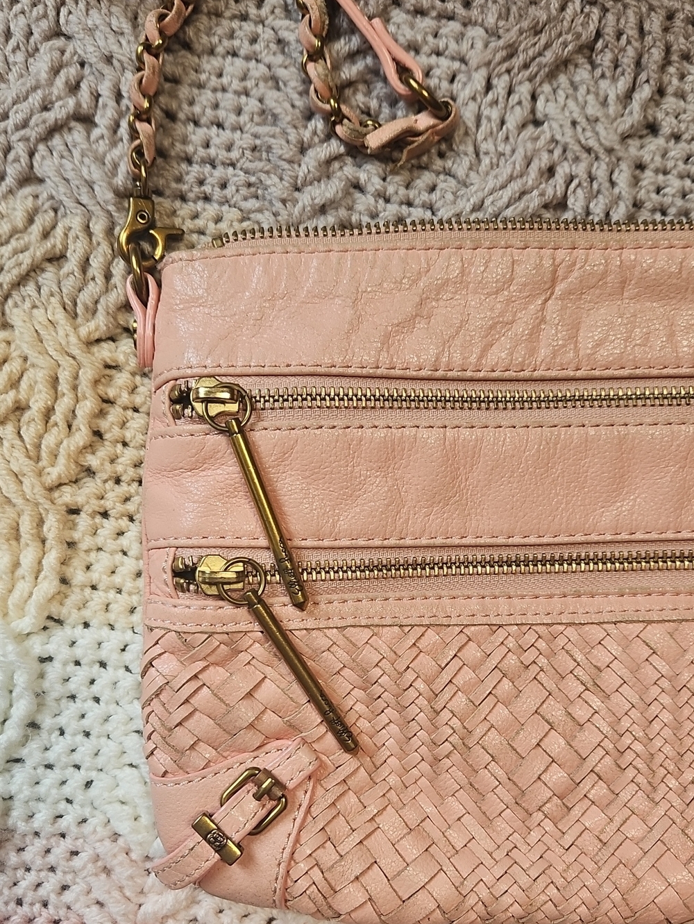 Elliott Luca Faux Leather Crossbody/Clutch Pink, Woven Look, Adjustable Strap